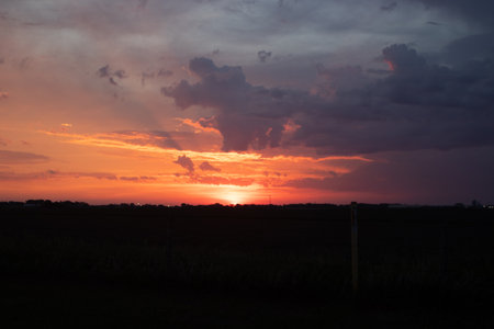 Orange sunrise sky over Nebraska corn field . High quality photoの写真素材