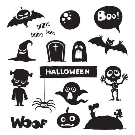 Vector set of characters and icons for Halloween in cartoon style. Pumpkin, ghost, candy, Frankenstein, Skeleton and other traditional elements of Halloween. Children in costumes for Halloween.のイラスト素材