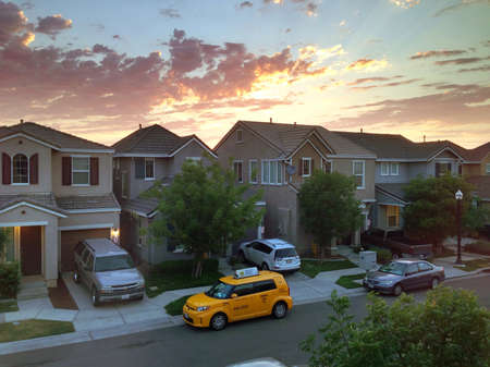 Residential street from above during sunset 