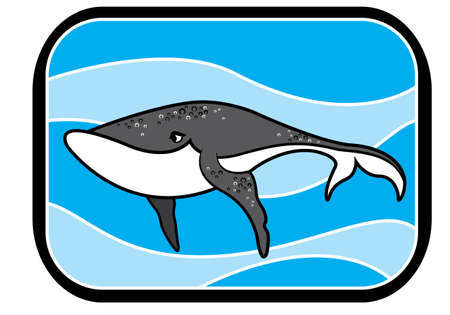 Illustration of a cartoon animated blue whale in blue ocean のイラスト素材