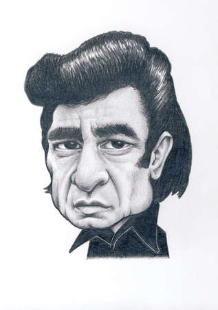 Johnny Cash Graphite Caricature Drawing with White Backgroundのeditorial素材