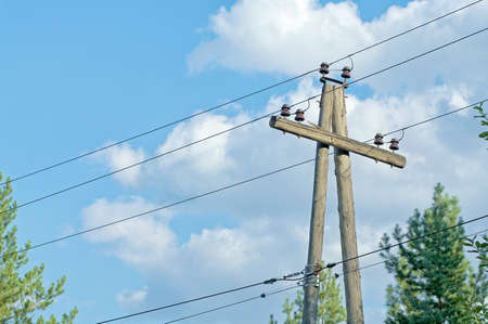 Old wooden electric pole with cables in the middle of pine forest with wires on a background of...