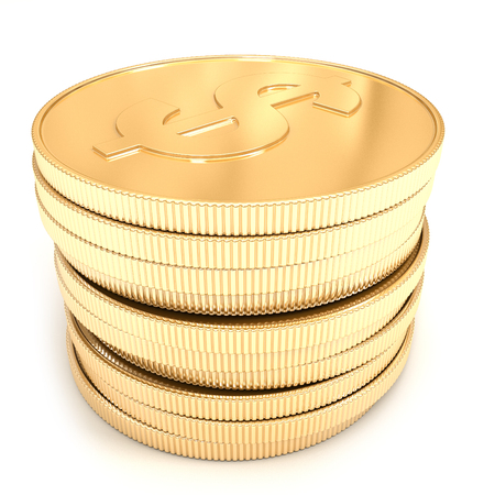 3d golden coins on a white backgroundの写真素材