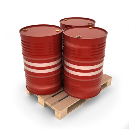 Red barrels on a pallet (3d illustration)の写真素材