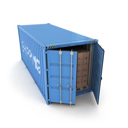 Open Shipping Container with Cargo on a White (3d illustration)の写真素材