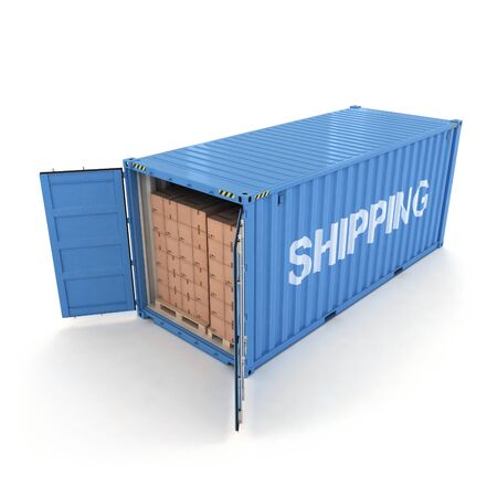 Open Shipping Container with Cargo on a White (3d illustration)の写真素材