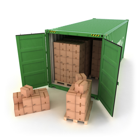 Open Shipping Container with Cargo on a White (3d illustration)の写真素材