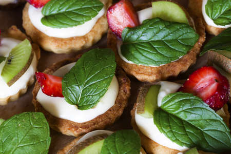 Delicious flans with fruitの写真素材