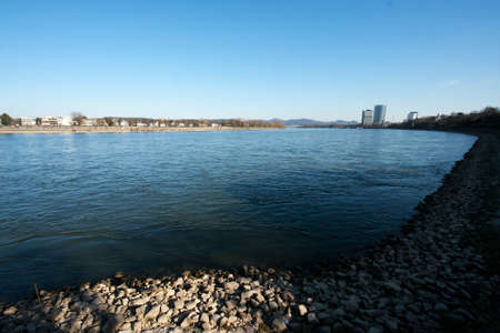stony riverside - Rhine, Bonn, Germanyの写真素材