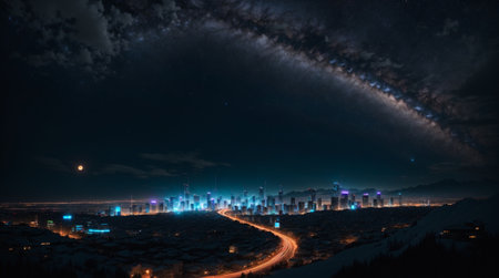 Milky Way over the capital city of Boreaus at night with starry sky and road, fantasy planet Zagoviz.の素材
