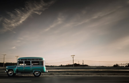 Old bus on the road with cloudy sky background in vintage style.の素材