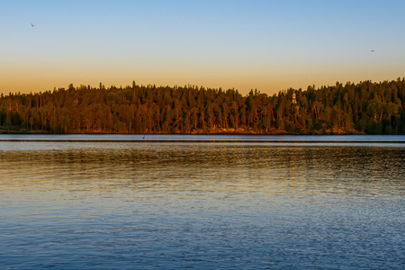 Early morning over the lake of the Valaam Monastery. The wonderful island Valaam is located on Lake Lodozhskoye, Karelia. Balaam - a step to heavenの写真素材