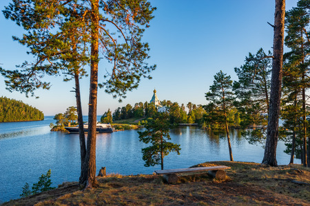 Beautiful view of the entrance to the bay of the Valaam Monastery and St. Nicholas Skete. The wonderful island Valaam is located on Lake Lodozhskoye, Karelia. Balaam - a step to heavenの写真素材