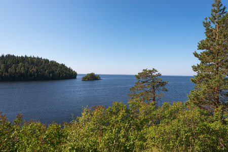 Exit from the bay of the island of Valaam, Nikolsky skete. The wonderful island Valaam is located on Lake Lodozhskoye, Karelia. Balaam - a step to heavenの写真素材