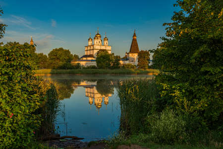 Mirror surface of the lake of Joseph-Volotsky Monastery. Beautiful lake near the Joseph-Volotsky Monastery. The cloister is located in the village of Teryaevo, Volokolamsk municipal district of the Moscow region.のeditorial素材
