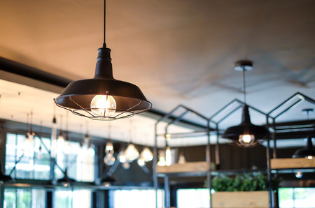 Vintage Lamp on the ceiling in cafe (selective focus)の写真素材