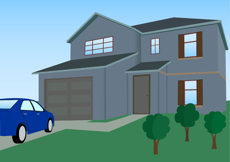 Vector illustration of a house for a big family with a garage and a car in the yardのイラスト素材