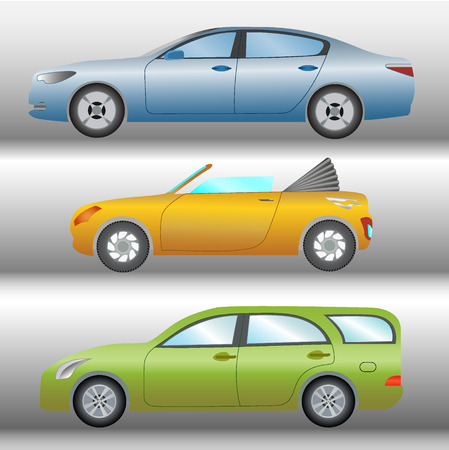 Vector illustration set of images of cars of different types and colors on a light backgroundのイラスト素材