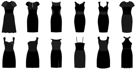 Short black fashion and luxury gowns. Set of twelve different elegant and expensive cocktail dresses. Vector illustration isolated on a white background.のイラスト素材