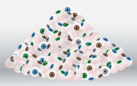 A large pile of separate eyes in the form of a pyramid with different colors of the iris. Vector illustration on a light backgroundのイラスト素材
