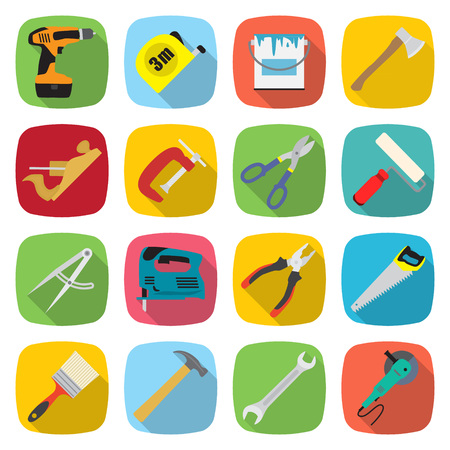 Set of industrial tools and equipment colored icons with oblique shadows.  illustration in flat style.のイラスト素材