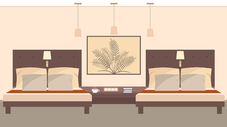 Elegant hotel room interior for two persons including beds, lamps, bedside table. Vector illustration in flat styleのイラスト素材
