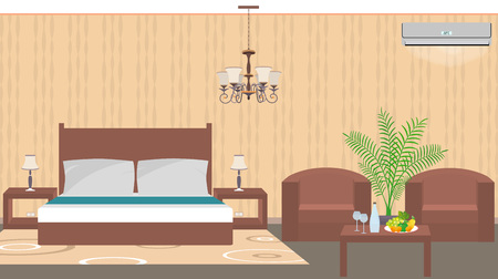 Luxury hotel room interior east style with furniture, air conditioner, houseplant. Vector illustration in flat styleのイラスト素材