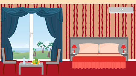 The interior of resort hotel room with furniture and outlet to the sea. Vector illustration in flat styleのイラスト素材