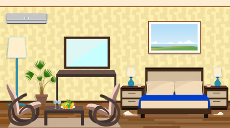 Flat style interior of a hotel room with rest zone, furniture, decoration. Vector illustrationのイラスト素材