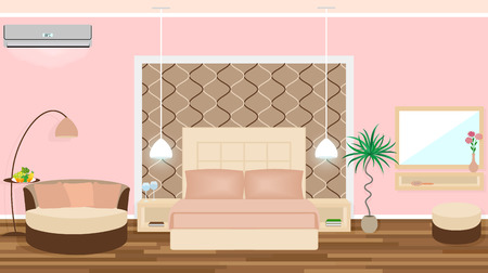 Luxe hotel room interior with air cinditioning, lights equipment, furniture. Vector illustration in flat styleのイラスト素材