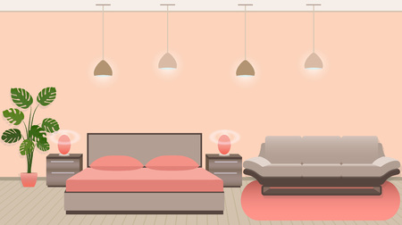 Luxury hotel room interior with modern style furniture and lighting. Flat vector illustrationのイラスト素材