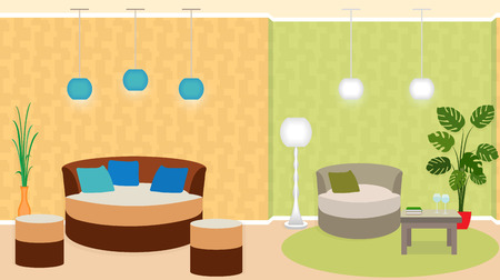 Dual zone living room interior with furniture, and houseplants. Flat vector illustrationのイラスト素材