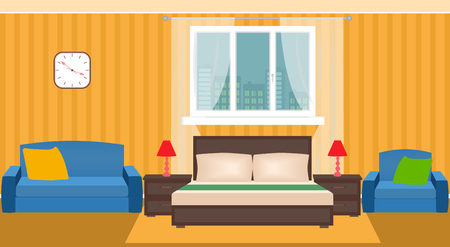 Bright bedroom interior with furniture and window. Flat vector illustrationのイラスト素材