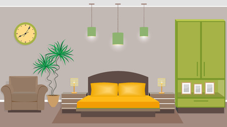 Bedroom interior with furniture including bed, armchair, wardrobe, houseplant. Flat style vector illustrationのイラスト素材