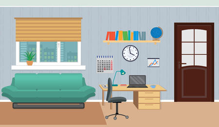 Interior of work cabinet at home including rest zone and work place. Flat style vector interiorのイラスト素材