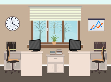 Office room interior including two work spaces with furniture, winter landscape outside window. Flat style vector illustration.のイラスト素材