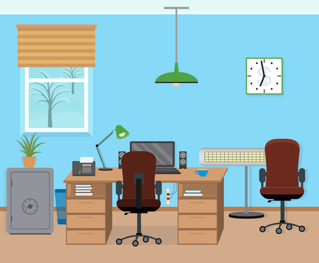 Winter office room interior with furniture and equipment. Flat style vector illustration.のイラスト素材