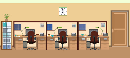 Office room interior including three isolated work spaces with furniture. Flat style vector illustration.のイラスト素材