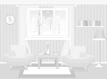 Living room interior including furniture, winter landscape in window. Gray colors vector illustration in flat styleのイラスト素材