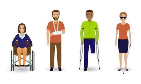 Disability people. Group of invalid men and women isolated on a white background. Flat style vector illustration.のイラスト素材