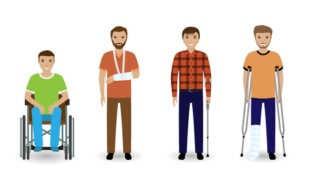 Disability people. Group of four invalid men isolated on a white background. Flat style vector illustration.のイラスト素材