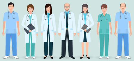 Hospital staff. Set of seven men and women doctors and nurses. Medical people. Flat style vector illustration.のイラスト素材