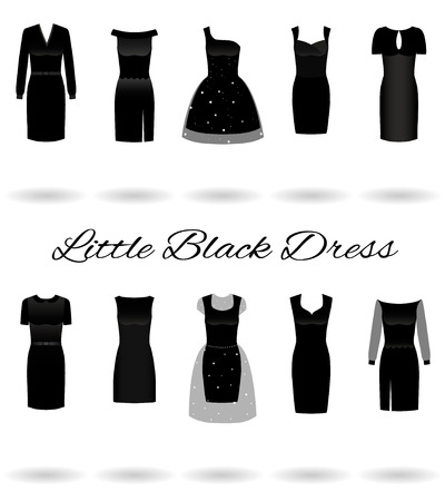 Set of little black dresses in different styles. Cocktail dresses. Flat vector illustration.のイラスト素材