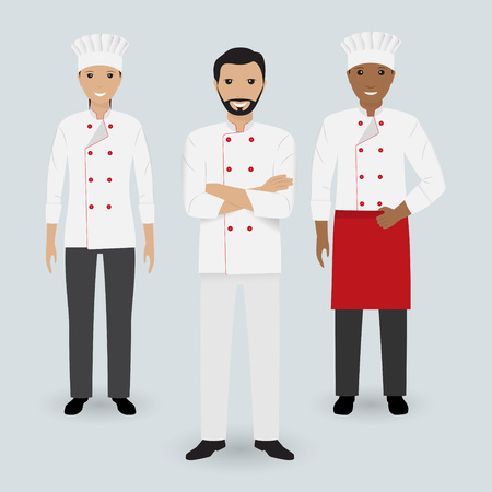 Chef and two cook in uniform standing together in three different poses. Cooking people characters. Flat illustration.のイラスト素材