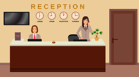 Hotel reception service. Business office desk concept. Two women receptionists. Flat vector illustration.のイラスト素材