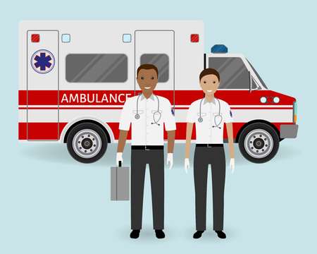 Hospital staff concept. Paramedics ambulance team on ambulance car background. Male and female emergency medical serviice employee. Flat style vector illustration.のイラスト素材