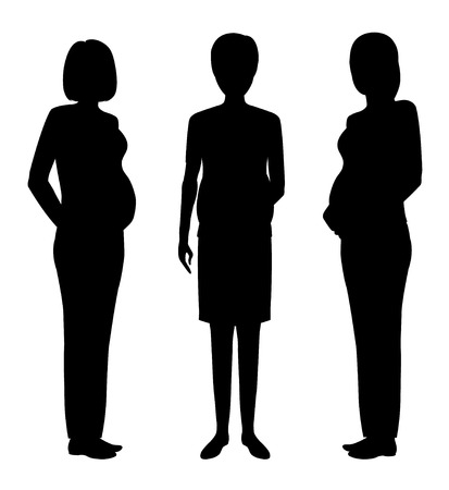 Group of three pregnant women black silhouettes. Future mothers community. Vector illustration.のイラスト素材