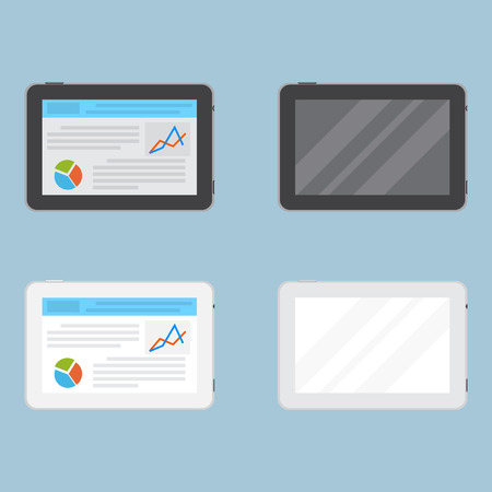 Set of tablets with blank screen and with some information on a display. Mockup tablet. Flat style vector illustration.のイラスト素材