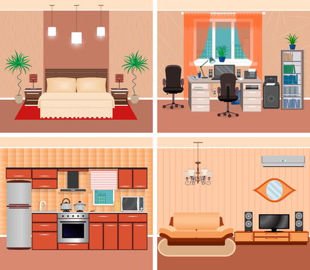 House interior living room, domestic workplace, bedroom and kitchen. Home rooms design including furniture and electonics. Flat vector illustration.のイラスト素材