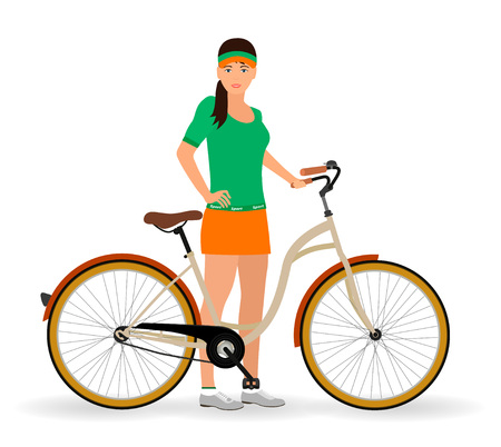 Sportswoman standing with a bicycle on a white background. Sport characters. Healthy lifestyle concept. Vector illustration.のイラスト素材